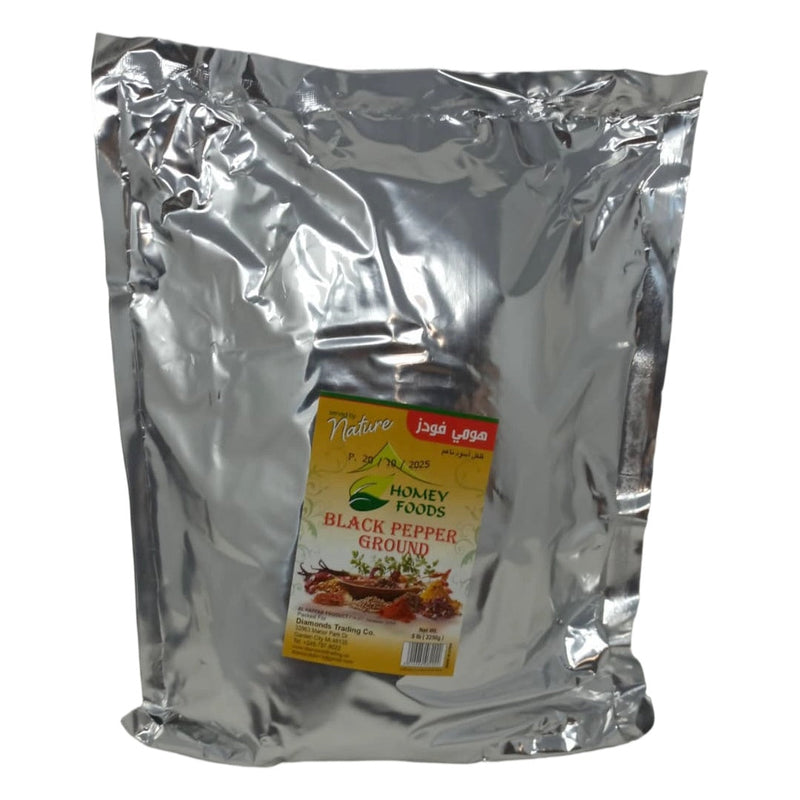 Homey Foods ground black pepper in a 5 lb bulk bag, fine aromatic black pepper spice for seasoning and cooking.