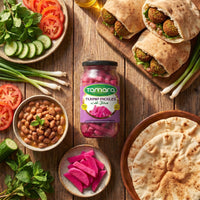 Tamara 1000g turnip pickles in a jar, showcasing natural, crunchy turnips used for authentic shawarma.