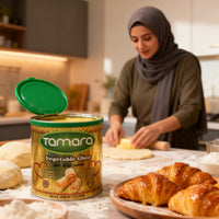Tamara Vegetable Ghee 1.7kg bottle, butter-flavored oil for cooking and baking, with a clear view of the ghee container.