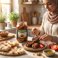 Tamara Stuffed Eggplant Makdous in 1000g jar, ready-to-eat Middle Eastern grocery mezza with preserved eggplant and spices.