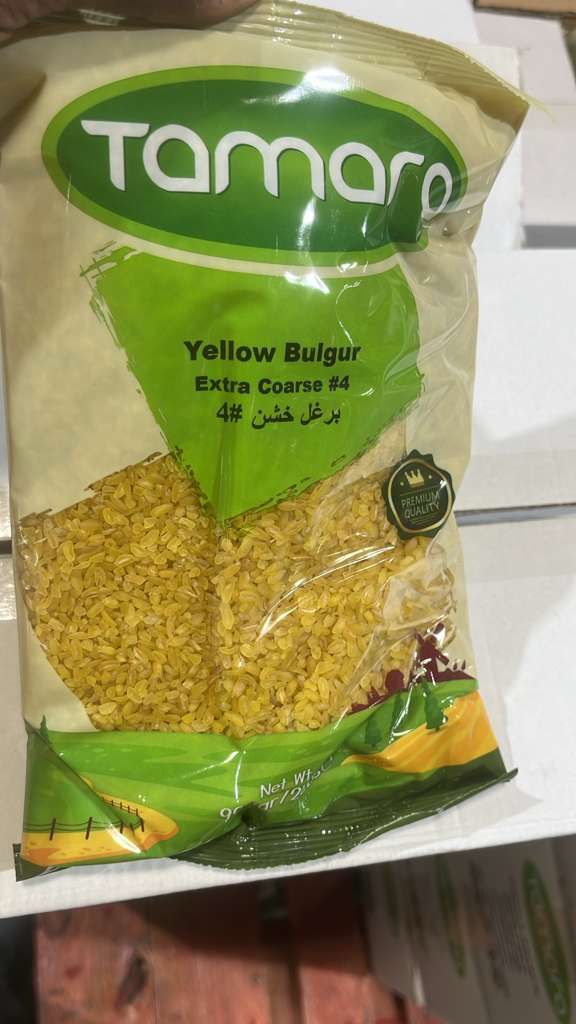 Tamara Yellow Bulgur Extra Coarse #4 in 2lb bag, showcasing authentic whole grain bulgur with coarse texture and bright yellow color.