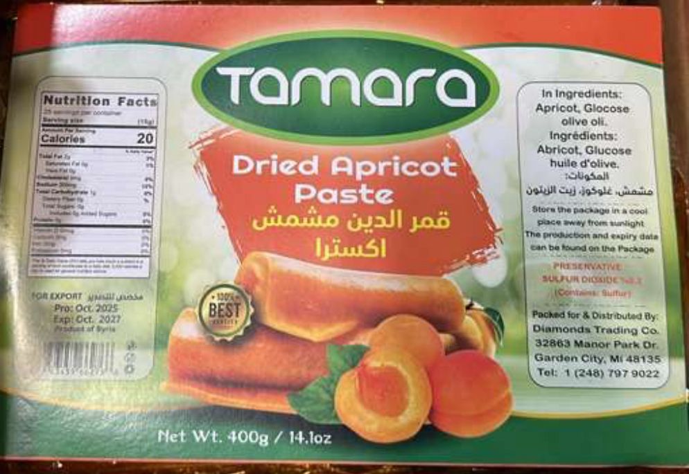 Tamara dried apricot paste in 400g Qamar al-Din fruit leather sheet, showcasing the golden, textured apricot fruit roll.