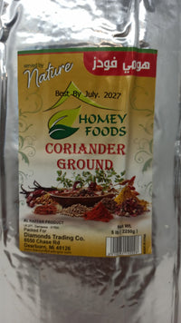 Homey Foods ground coriander spice in a 5lb bulk bag, used for seasoning dishes with fresh, aromatic coriander flavor.