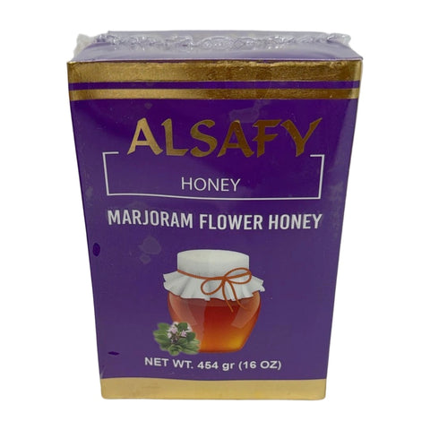 AlSafy Marjoram Flower Honey 454g jar with golden honey, natural sweetener, in a 12-pack, showcasing the pure, floral honey from AlSafy Honey.