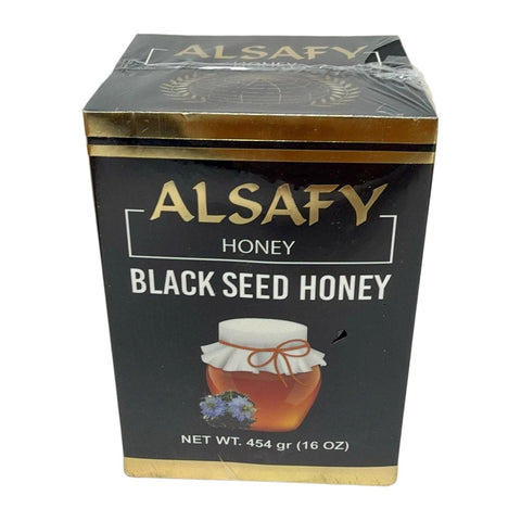 AlSafy Black Seed Honey 454g jar, natural superfood product, with a dark, rich honey appearance and black seed inclusions, pack of 12