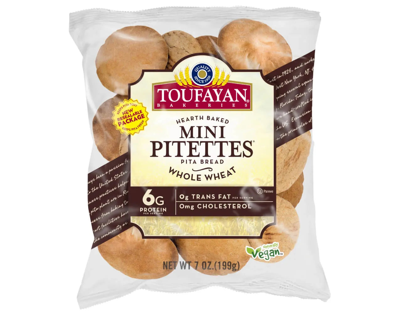 A bag of Toufayan bread mini buns aka Mini Pitettes, whole wheat flavor