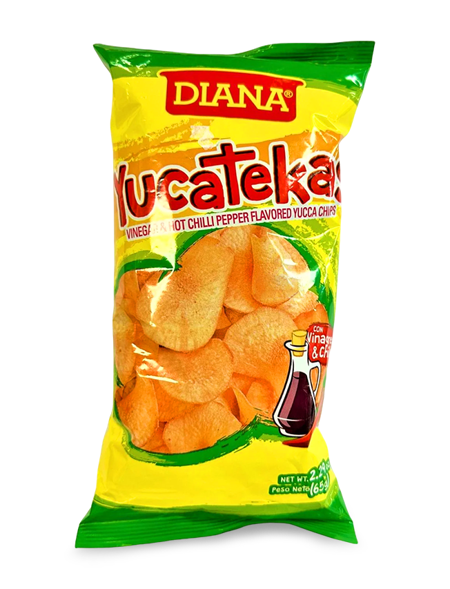 A bag of Diana Yucatekas vinegar hot chilli pepper flavored yucca chips
