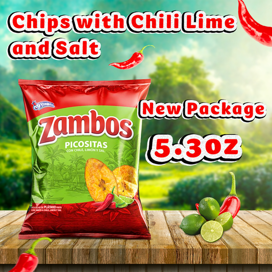 Zambos Plantain Chips || Spicy with Chili,Lime and Salt || (Tajaditas de Plátano con Chile + Limón y Sal) || Crunchy with spicy taste that many like || Salvajes del Trópico || 5.29 oz (150g)