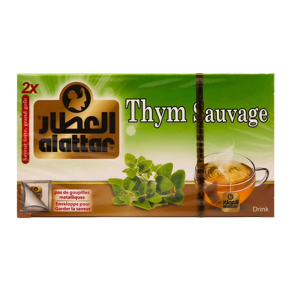 AlAttar Wild Thyme Tea box with 20 herbal infusion tea bags, showcasing natural herbal wellness product by AlAttar