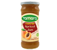 Tamara country-style apricot jam in a 430g jar, showcasing fresh apricots and spreadable fruit preserve.
