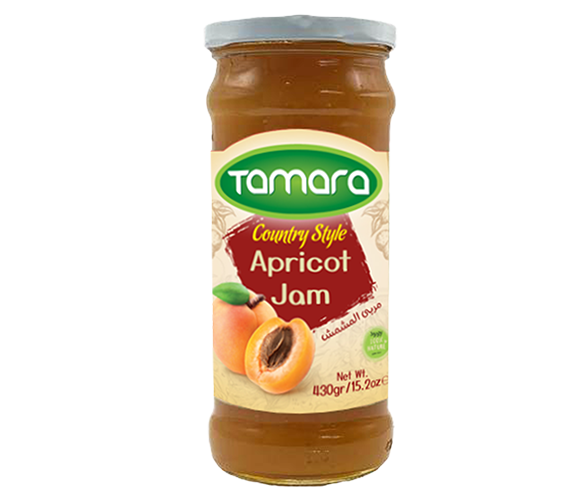 Tamara country-style apricot jam in a 430g jar, showcasing fresh apricots and spreadable fruit preserve.