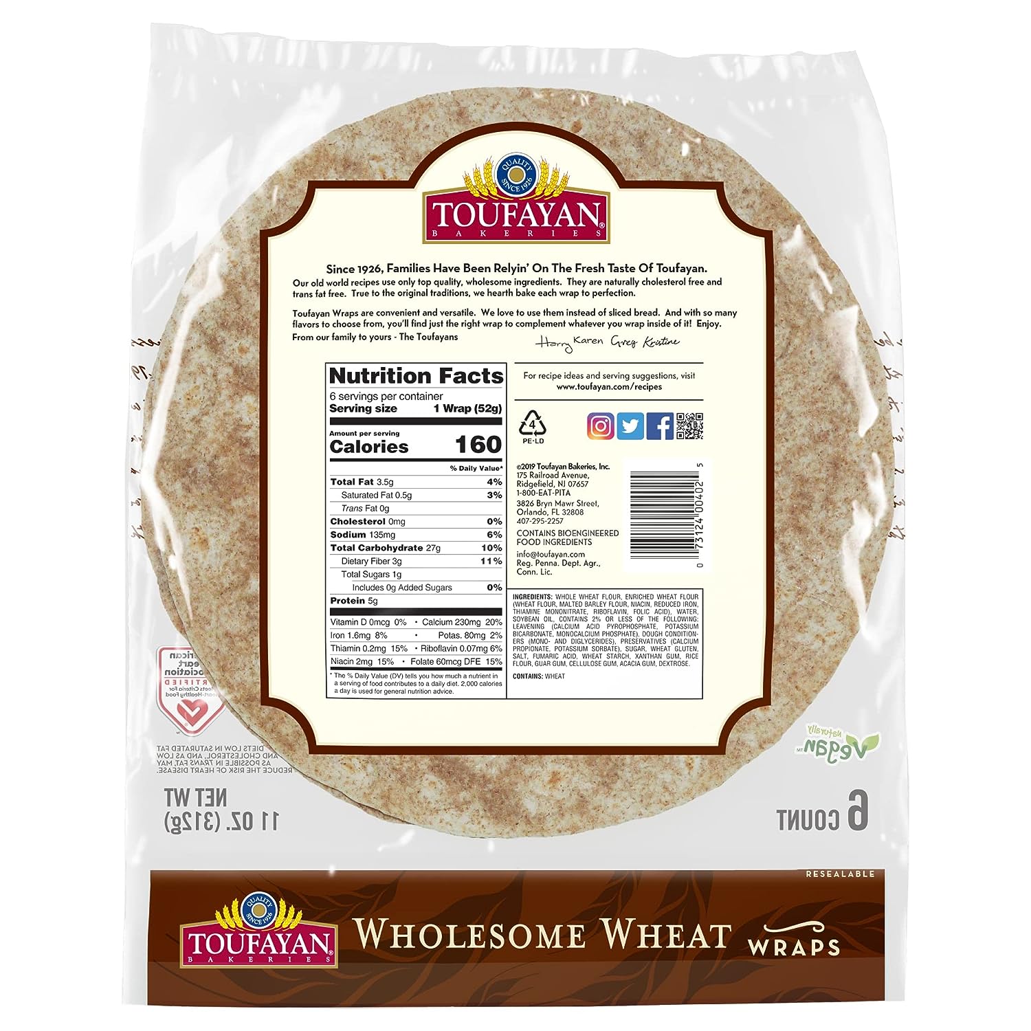 Toufayan Wraps – Wholesome Wheat 6 COUNT | NET WT. 11 OZ. (312g)