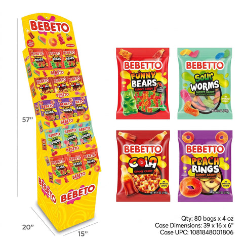 Bebeto Gummy Candy Floor Shipper Display, 80 Bags (4 oz Each), Assorted Funny Bears, Peach Rings, Cola, and Sour Worms, No Artificial Colors, Bulk Retail and Party Snacks
