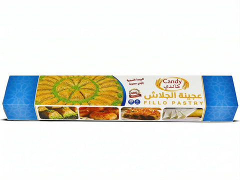 Candy Premium Fillo Pastry Sheets, 400g, thin flaky phyllo dough for baklava, pies, and Mediterranean appetizers.