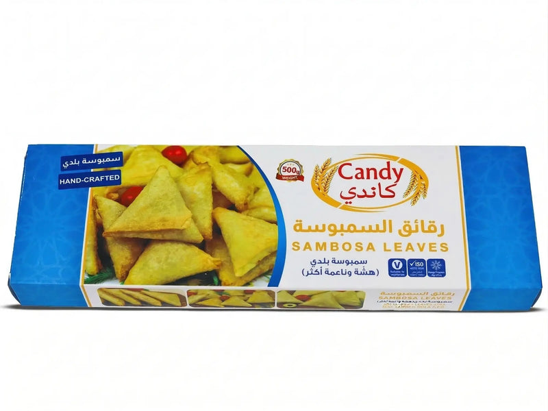 Hand-crafted Candy Sambosa leaves in 500g frozen pack, thin, crispy vegan traditional Baladi style for frying or baking.