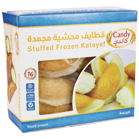 Candy brand frozen Katayef with thick cream filling, 16 pieces, authentic Middle Eastern sweet pancakes for Ramadan dessert.