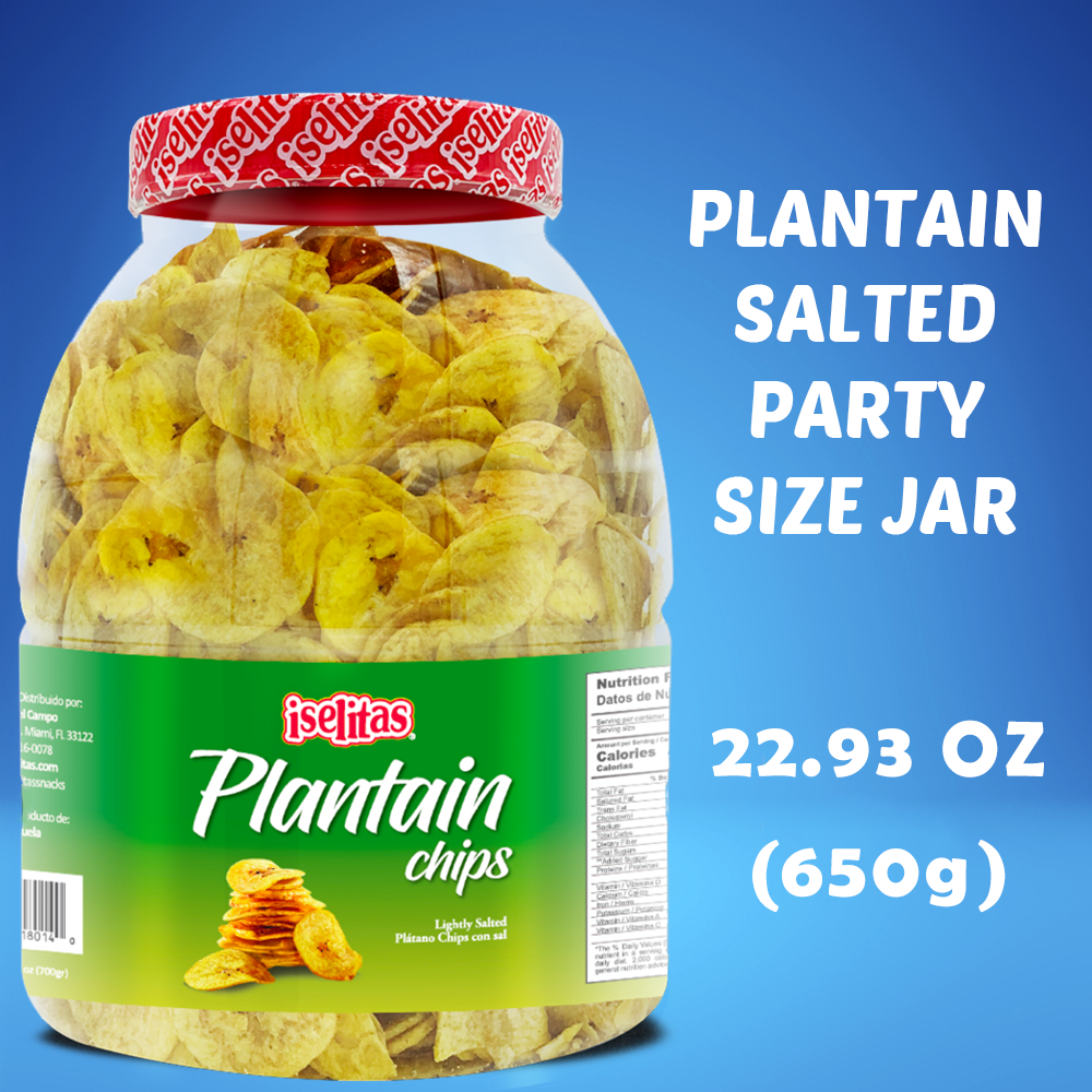 Iselitas | Plantain Salted Party Size Jar| Thin & Crispy |Light Salted - Plantains Sweet Party Size Jar | Sweet Plantain Chips | 2 Jars |22.93OZ (650g)