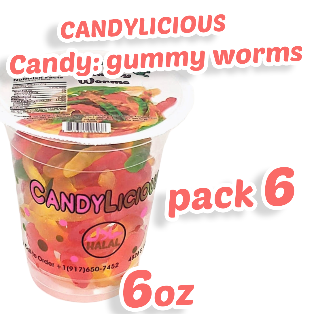 Candy: Candy Licious | Gummy Worms | Mix fruit | HALAL | Sweets & Delicious| Cup |6oz. |170g