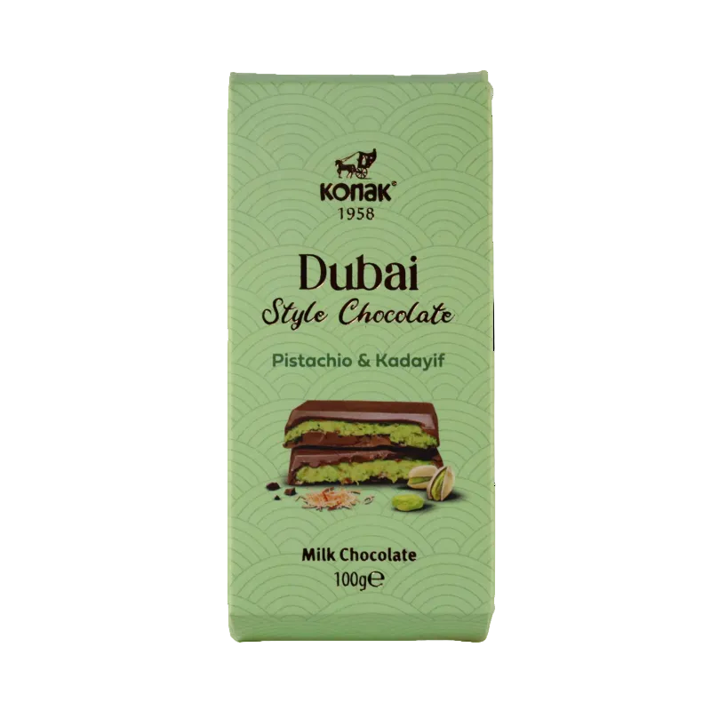 Konak Dubai Style Chocolate Bar 100g - Pistachio and Crunchy Kadayif Filled Milk Chocolate - Gourmet Turkish Confectionery, Viral Kunafa Chocolate Experience