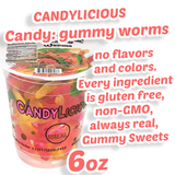 Candy: Candy Licious | Gummy Worms | Mix fruit | HALAL | Sweets & Delicious| Cup |6oz. |170g