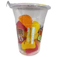 Assorted fruit slices in a cup candy pack from Fun Fruit Bites, colorful and chewy fruit bites in a 6oz container.
