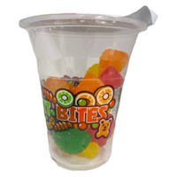 Assorted fruit slices in a 6oz cup from Fun Fruit Bites, colorful and chewy fruit candy bites in a clear cup.