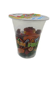 Assorted Fun Fruit Bites gummy candy in a clear cup, colorful fruit-shaped gummies, 6oz package from Fun Fruit Bites.