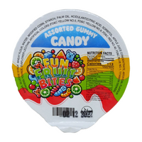Six cups of Fun Fruit Bites assorted gummy candy, colorful fruit-shaped gummy bites in a 6oz pack.