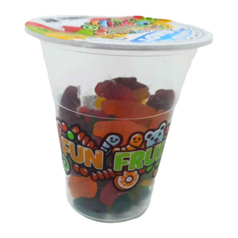 Assorted gummy candies in colorful cup-shaped containers, Fun Fruit Bites brand, 6oz pack of fun fruit bite candies.