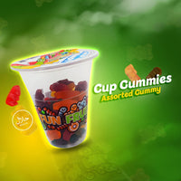 Assorted Fun Fruit Bites gummy candy in a 6oz cup, colorful fruit-shaped gummies from Fun Fruit Bites.