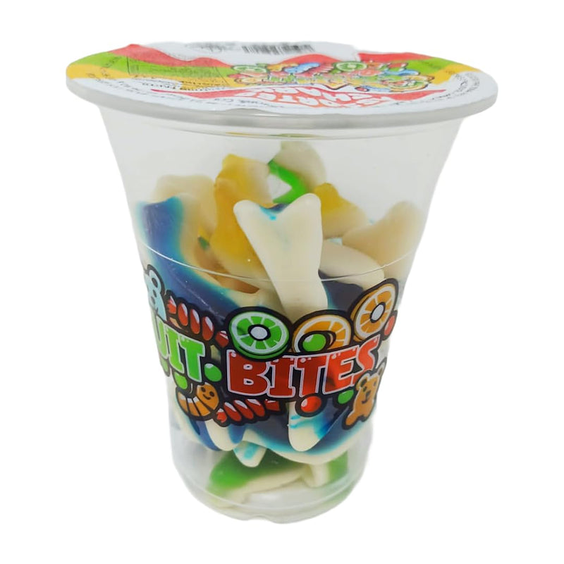 Assorted Shark Fun Fruit Bites 6oz pack featuring colorful candy cups shaped like sharks.
