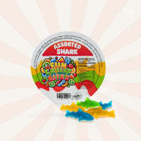 Assorted shark-shaped fruit candy cups from Fun Fruit Bites, featuring vibrant colors and playful designs in a 6oz pack.