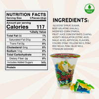 Assorted shark-shaped fruit bites in a 6oz cup by Fun Fruit Bites, showcasing colorful candy pieces.
