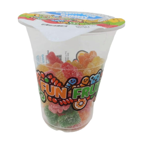 Assorted sour gummy fun fruit bites in a 6oz cup, colorful candies from Fun Fruit Bites in a pack of six.