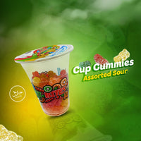Assorted sour gummy candies in a 6oz cup from Fun Fruit Bites, colorful fun fruit bites chewy candy assortment.