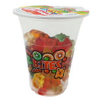 Six 6oz cups of Fun Fruit Bites gummy bear candy with colorful fruit flavors and fun chewable gummy bear shapes.