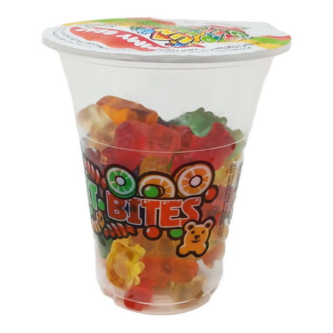 Six 6oz cups of Fun Fruit Bites gummy bear candy with colorful fruit flavors and fun chewable gummy bear shapes.