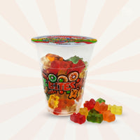 Six 6oz cups of Fun Fruit Bites gummy bear candy with colorful fruit-flavored gummy bears in clear cups.