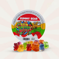 Six 6oz cups of Fun Fruit Bites gummy bear candy featuring colorful fruit-flavored gummy bears in clear cups.