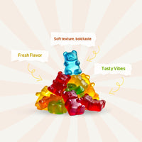 Six cups of Fun Fruit Bites gummy bear candy with colorful fruit flavors, each cup filled with chewy gummy bear bites.