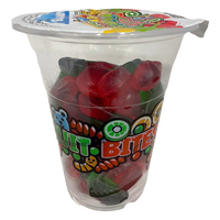 Six 6oz packs of Fun Fruit Bites strawberry gummy candy in colorful cups, featuring fun fruit bite shapes and bright red strawberry flavor.