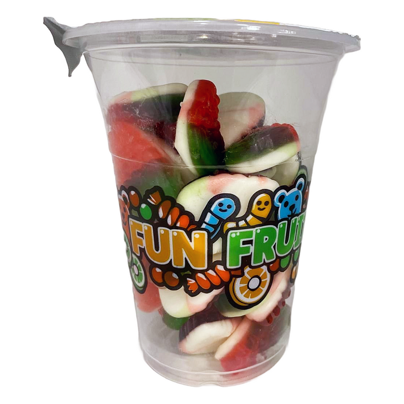 Six 6oz packs of Fun Fruit Bites Cup Candy with cherry-flavored gummy candies in a colorful package.