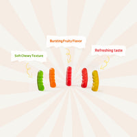 Six 6oz cups of Fun Fruit Bites gummy worms and fruit bites candy in colorful packaging.