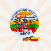 Six 6oz cups of Fun Fruit Bites gummy worm candy with colorful gummy worms in a fun fruit bites packaging.