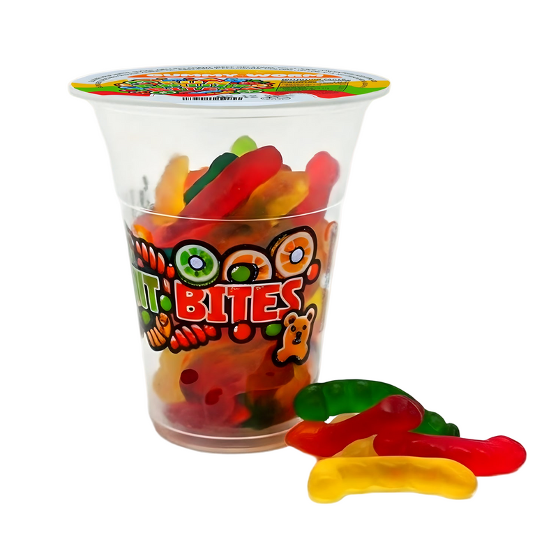 Six 6oz cups of Fun Fruit Bites gummy worm candy with colorful fruit-flavored gummy worms in clear cups.
