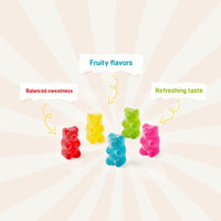 Six cups of Fun Fruit Bites neon gummy bear candies with colorful fruit flavors in 6oz packs.