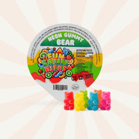 Six 6oz cups of Fun Fruit Bites neon gummy bear candy featuring colorful fruit-shaped gummy bears in bright, vibrant colors.