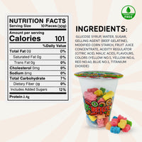 Pack of six Fun Fruit Bites neon gummy bear cup candies in colorful fruit flavors, 6oz each.
