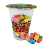 Six 6oz cups of neon gummy bear Fun Fruit Bites candy featuring colorful, fun-shaped fruit-flavored gummy bears.