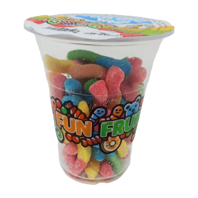 Six cups of Fun Fruit Bites neon gummy worms in vibrant colors, showcasing bright, fruity gummy worm candies in clear cups.